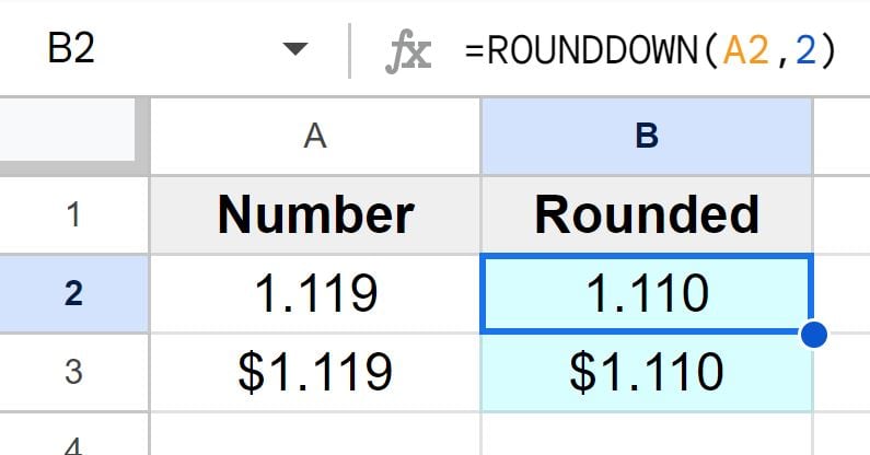 Example of Rounding down to 2 decimal places rounding down to nearest cent nearest hundredth in Google Sheets