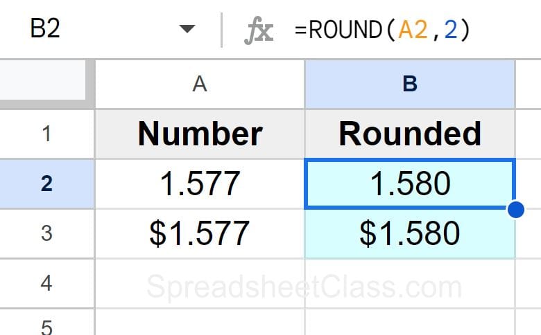 Example of Rounding to 2 decimal places nearest cent nearest hundredth in Google Sheets