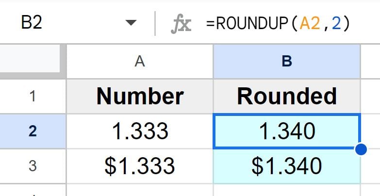 Example of Rounding up to 2 decimal places rounding up to nearest cent nearest hundredth in Google Sheets