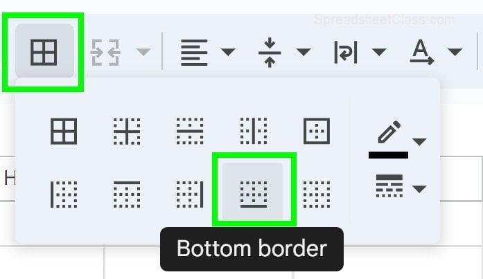 Example of Selecting Bottom border in the Borders menu in Google Sheets