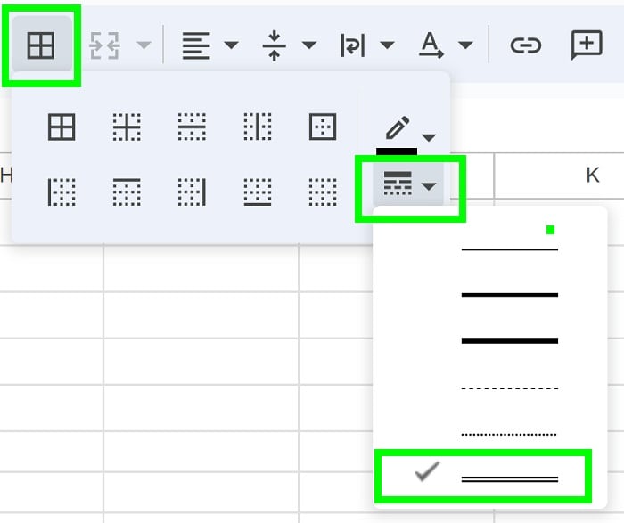 Example of Selecting double border style in Google Sheets