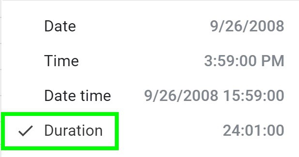 Example of Selecting duration cell format when converting numbers to duration in Google Sheets