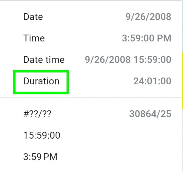 Example of Selecting duration format in Google Sheets