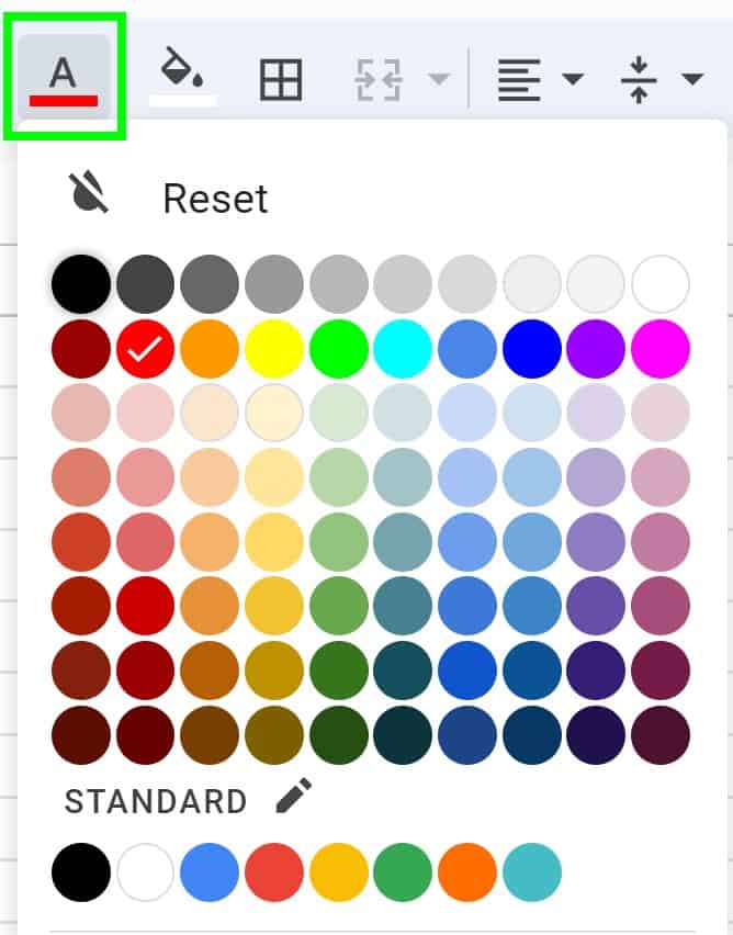 Example of Selecting text color in the Text color menu in Google Sheets