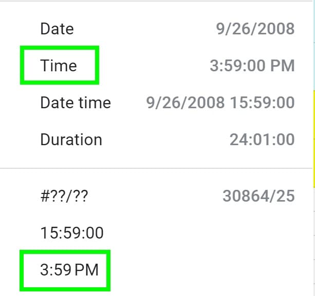 Example of Selecting time format in Google Sheets