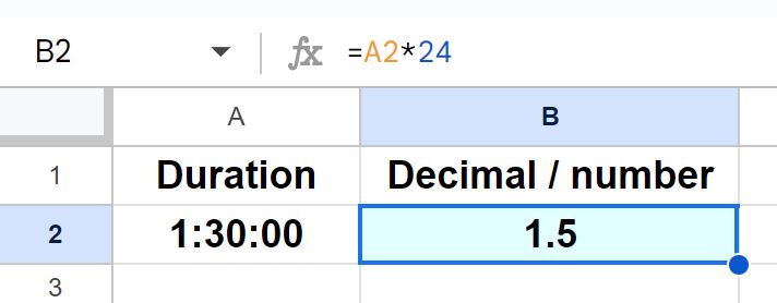 A simple example of how to convert time duration to numbers and decimals in Google Sheets
