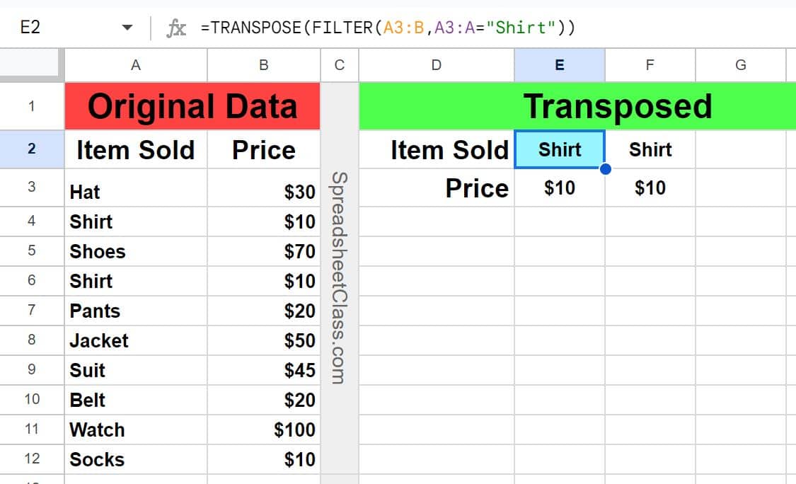 Example of TRANSPOSE FILTER nested formula- transposing filtered data from columns to rows in Google Sheets inventory data