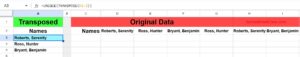 Example of TRANSPOSE UNIQUE nested formula- removing duplicates from data that is transposed from a row to a column in Google Sheets