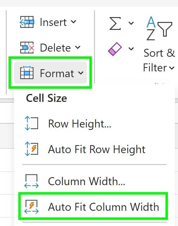 Example of The Auto Fit Column Width menu option in Microsoft Excel