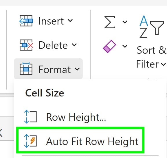 Example of The Auto Fit Row Height menu option in Microsoft Excel