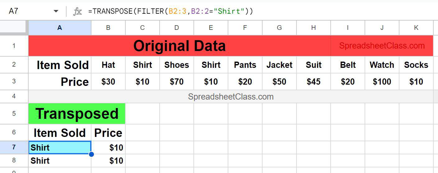 Example of Transposing filtered data from rows to columns with the TRANSPOSE and FILTER function in Google Sheets inventory data example