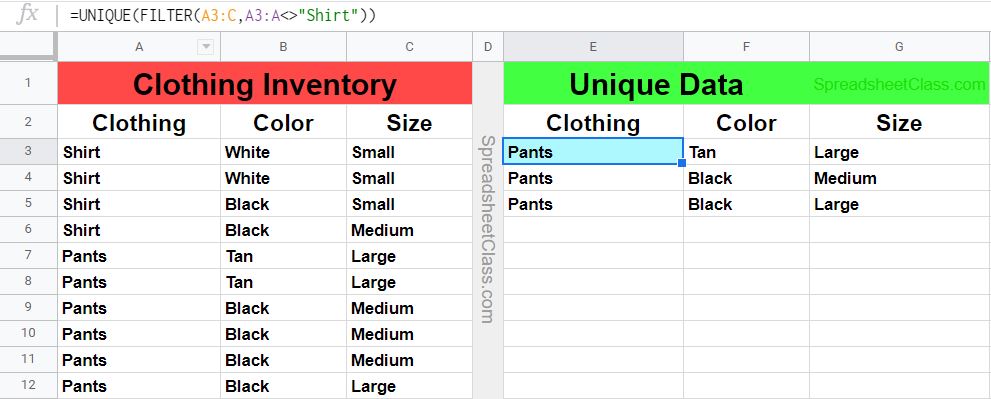 Example of UNIQUE FILTER nested formula- using the UNIQUE function with the FILTER function to filter a unique list of clothing items in Google Sheets (Multiple columns)