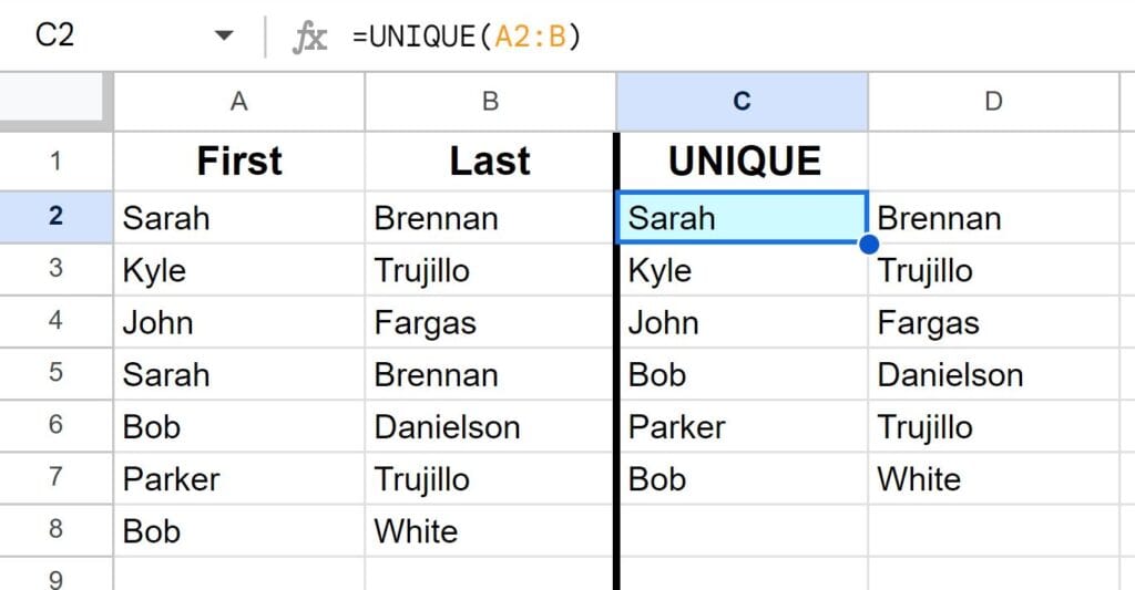 Example of the UNIQUE function removing duplicates basic example multiple columns in Google Sheets