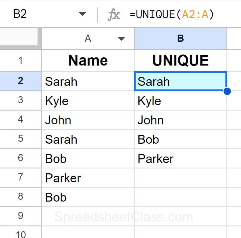 Example of the UNIQUE function removing duplicates basic example single column in Google Sheets