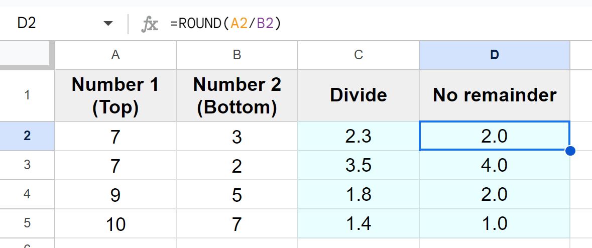 Example of Using cell references and the ROUND function to divide without a remainder in Google Sheets