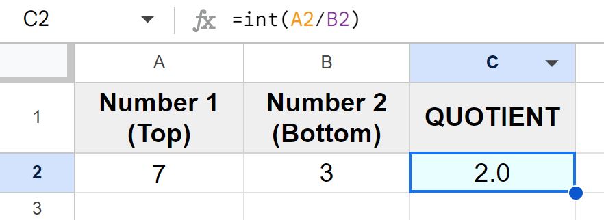 Example of Using the INT function to divide without a remainder in Google Sheets using cell references