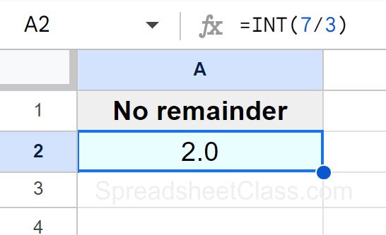 Example of Using the INT function to divide without a remainder in Google Sheets