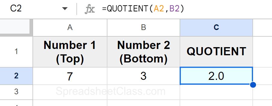 Example of Using the QUOTIENT function to divide without a remainder in Google Sheets using cell references