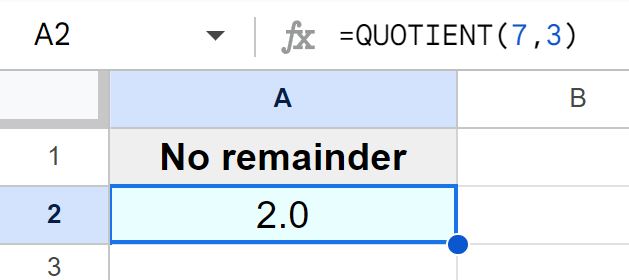 Example of Using the QUOTIENT function to divide without a remainder in Google Sheets