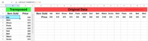 Example of Using the UNIQUE TRANSPOSE nested function to transpose and remove duplicates from inventory data with multiple columns in Google Sheets