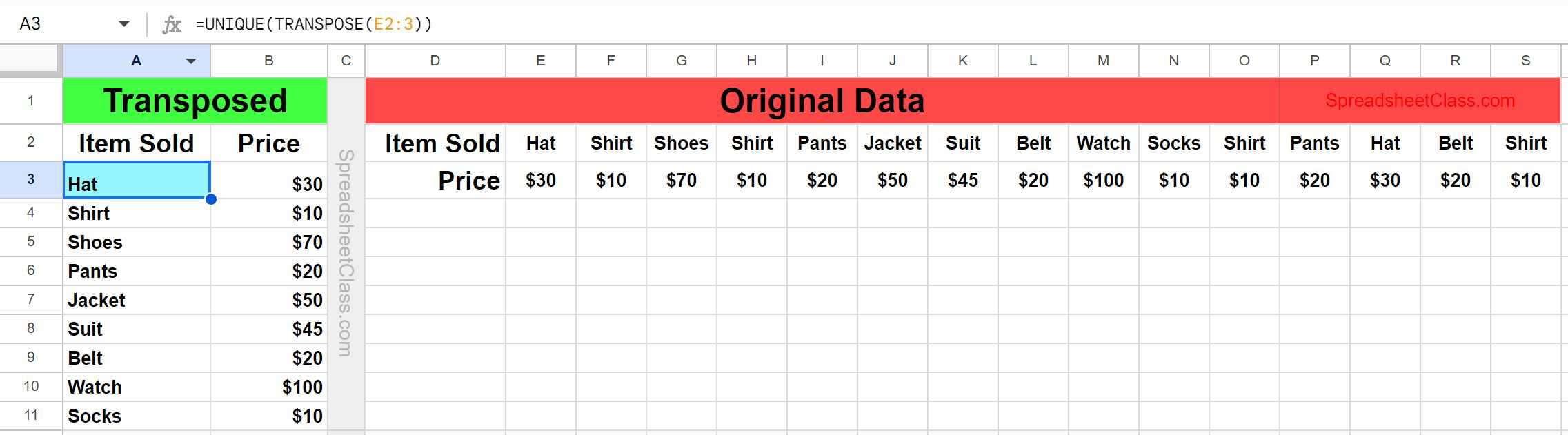 Example of Using the UNIQUE TRANSPOSE nested function to transpose and remove duplicates from inventory data with multiple columns in Google Sheets
