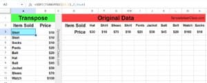 Example of How to sort horizontal data and transpose data with the SORT and TRANSPOSE functions rows to columns in Google Sheets