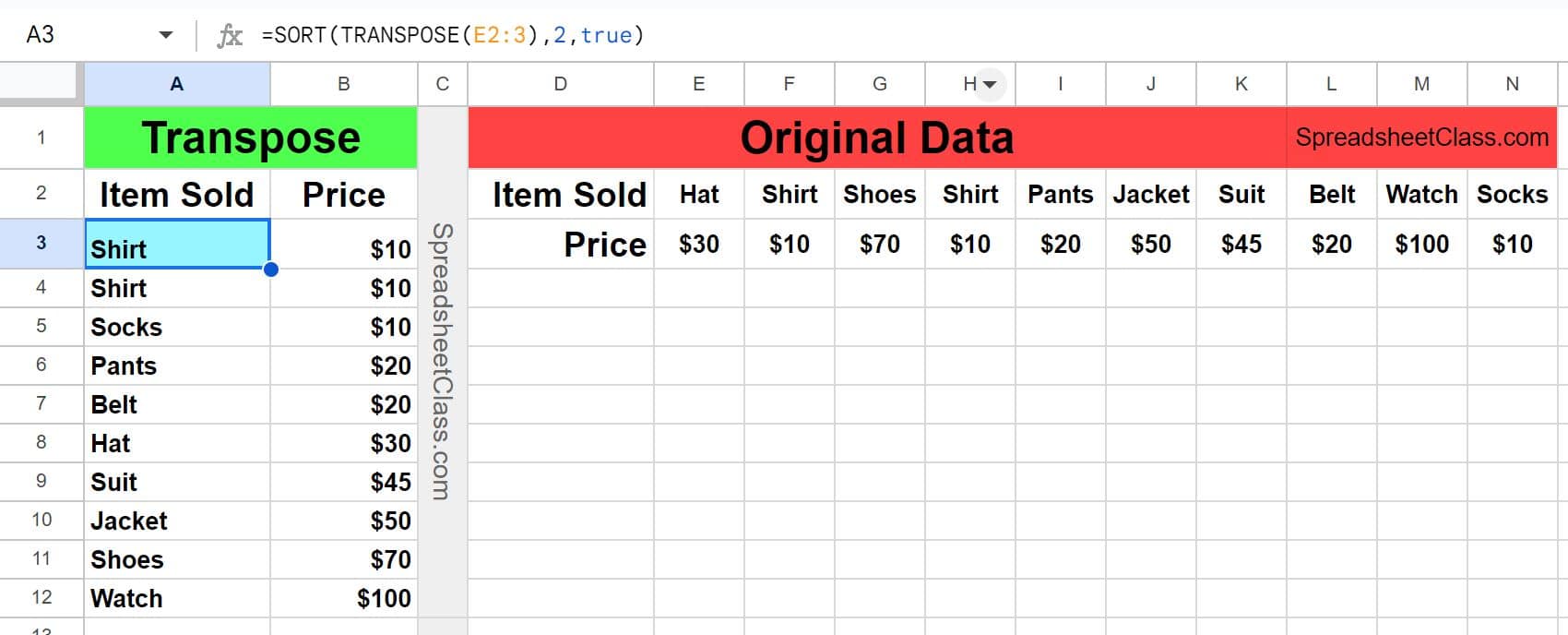 Example of How to sort horizontal data and transpose data with the SORT and TRANSPOSE functions rows to columns in Google Sheets