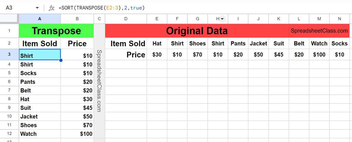 Example of How to sort horizontal data and transpose data with the SORT and TRANSPOSE functions rows to columns in Google Sheets