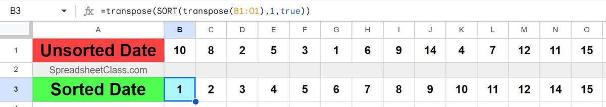 Example of How to sort horizontally by using TRANSPOSE SORT TRANSPOSE in Google Sheets