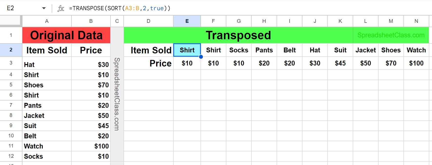 Example of How to transpose and sort vertical data and make it horizontal with the TRANSPOSE and SORT functions inventory example columns to rows in Google Sheets