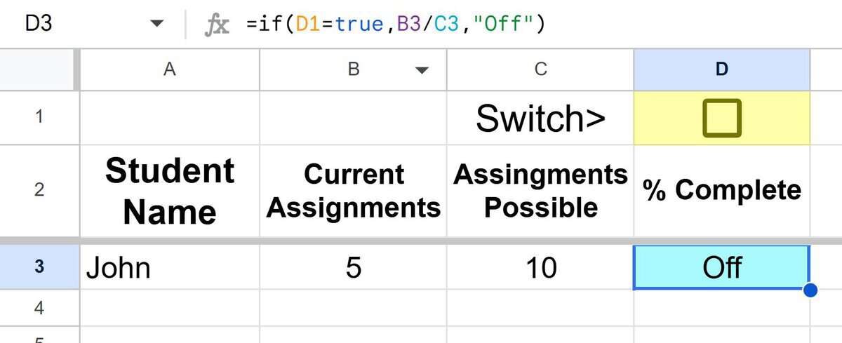 Adding a toggle switch to a formula in Google Sheets after image with checkbox unchecked with text indicator