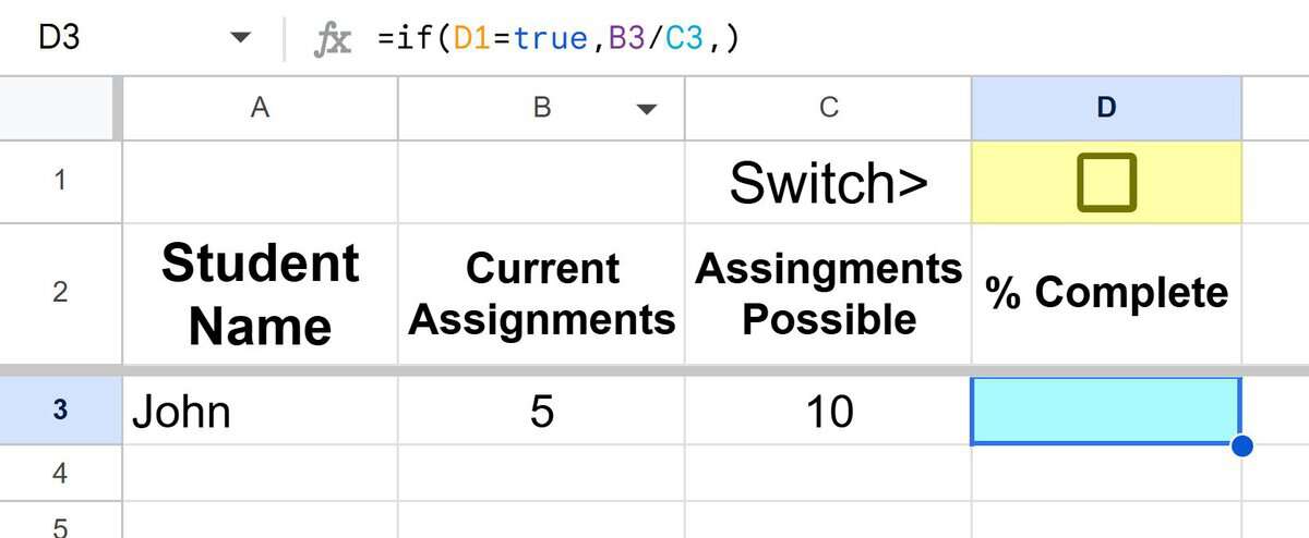 Adding a toggle switch to a formula in Google Sheets after image with checkbox unchecked