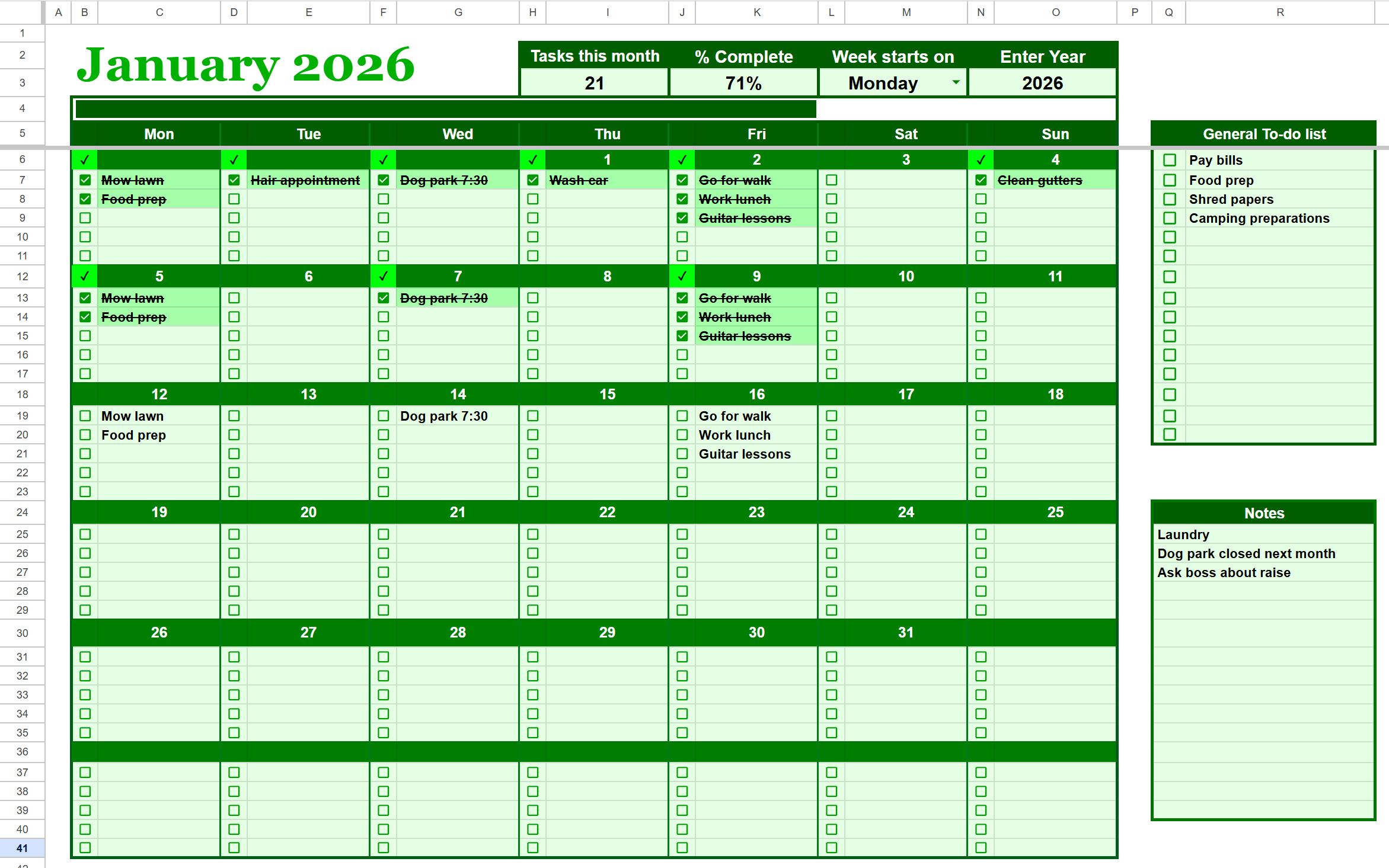 Calendar checklist dashboard example