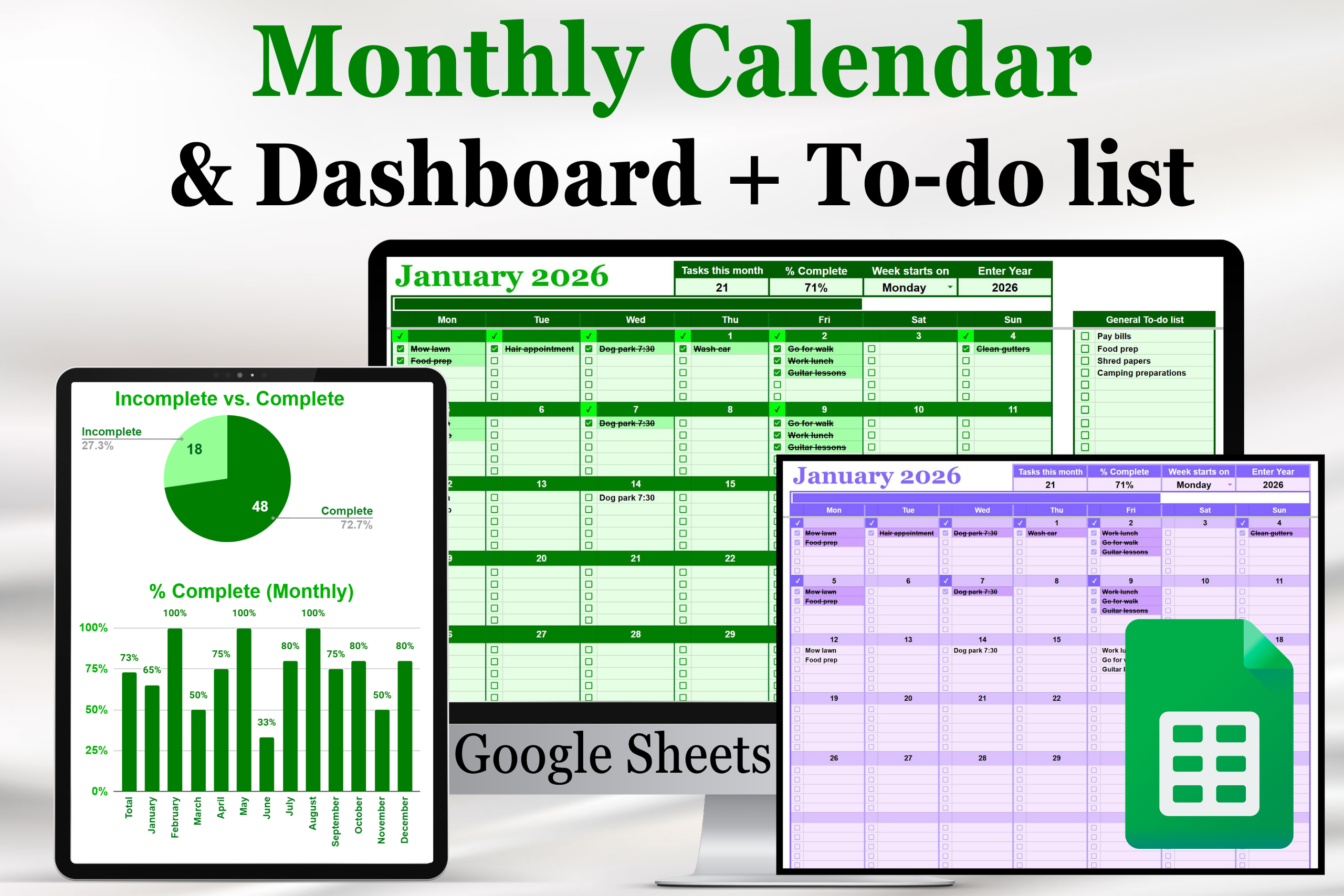 Google Sheets automatic monthly calendar template with checklist, to-do list, and task tracker dashboard